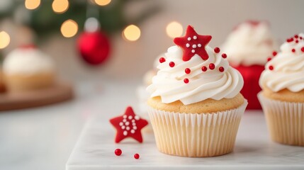 Festive holiday cupcakes with red decorations and frosting