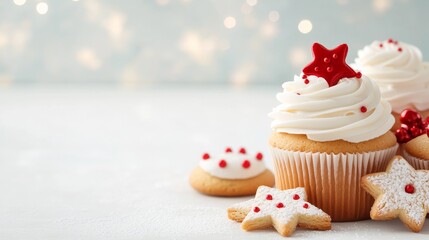 Festive cupcakes and cookies decorated for the holidays