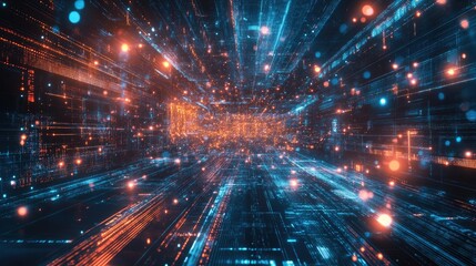 Fototapeta premium High-tech circuitry design with glowing data points and digital streams