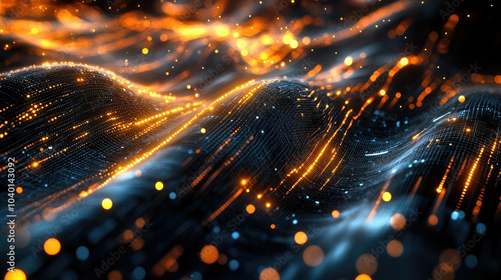 Poster high-tech digital waveforms and glowing dots for tech process representations