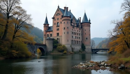Fototapeta premium Enchanting castle on a serene river a timeless fairytale setting