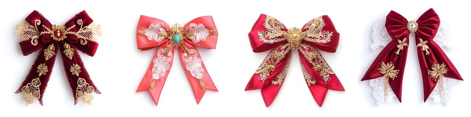 Elegant Ruby Red Christmas Bows with Delicate Lace