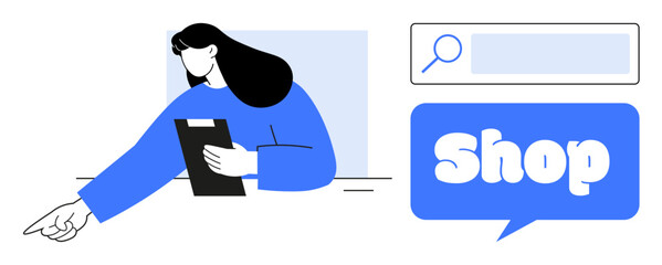 Woman holding a tablet with a pointing gesture next to a search bar and speech bubble that reads Shop. Ideal for e-commerce, online shopping, technology, user interface, digital marketing. Minimalist