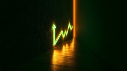 A financial line graph with an arrow up, rendered in glowing neon green, no background