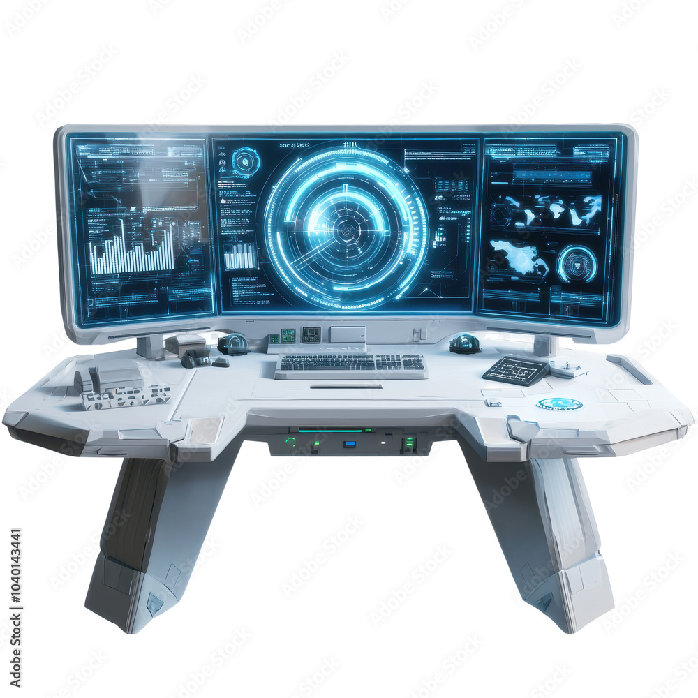 Aufkleber futuristic control desk with multiple screens and advanced technology elements, isolated on white ba