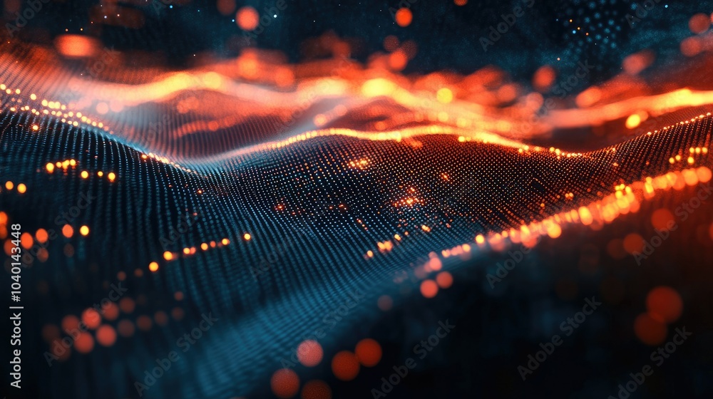 Poster high-tech digital waveforms and glowing dots for tech process representations