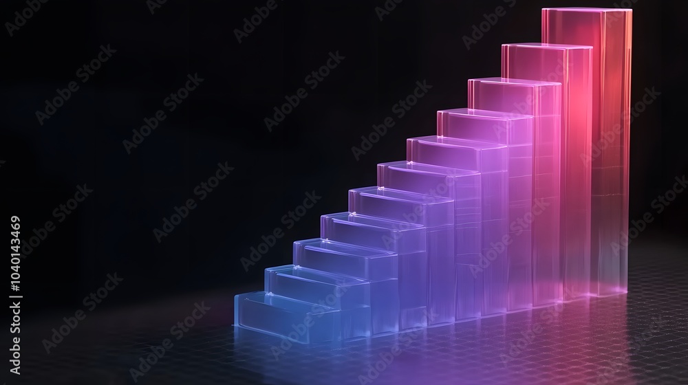 Poster A stacked bar chart with glowing sections in blue and purple, isolated on a transparent surface, no background