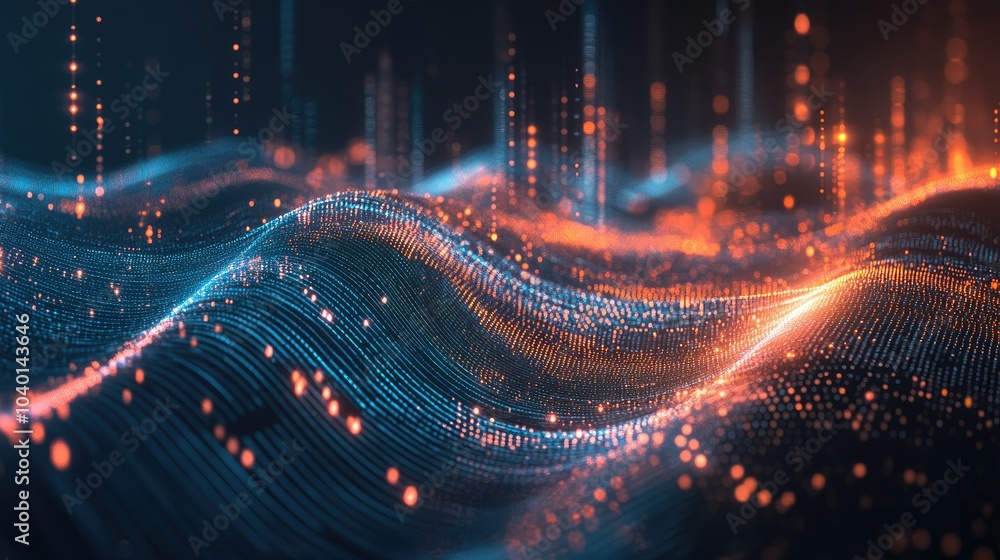 Poster high-tech digital waves with glowing data points on a gradient tech process backdrop