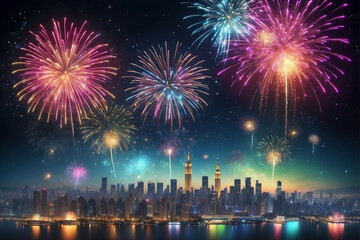 Fototapeta premium Celebrating New Year's Eve with vibrant fireworks over a city skyline at midnight