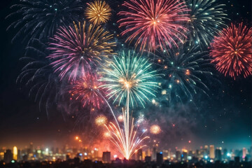 Naklejka premium Colorful fireworks explode over a city skyline on New Year's Eve
