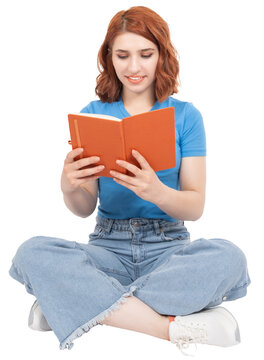 Reading book, full body view young caucasian pretty cute 20s woman sit floor legs crossed holding reading book with big smile. Wear jeans and t shirt.  Education concept. Transparent png background.