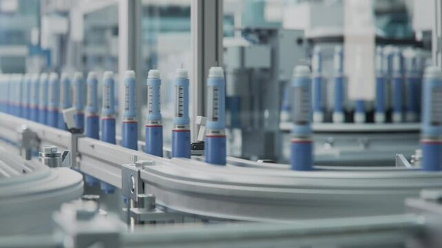 Insulin Injection Pens on Conveyor Line at Modern Pharmaceutical Factory. Medication Manufacturing. Medicinal Drug Production Plant.