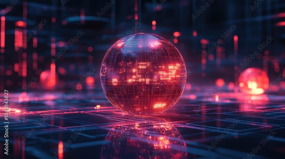 Poster high-tech glowing sphere with wireframe connections floating on a dark digital backdrop