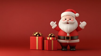 3D Cheerful Santa with Gifts Against Red Background
