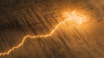 A glowing star symbol at the peak of a financial report graph, representing a rising performer, no background