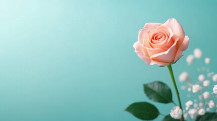 Naklejka premium Elegant peach rose against a soft turquoise background