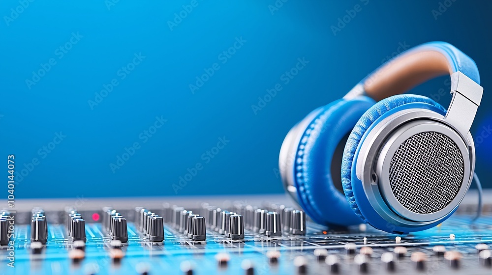 Poster focused sound engineer in action - professional headphones with precision editing in audio productio