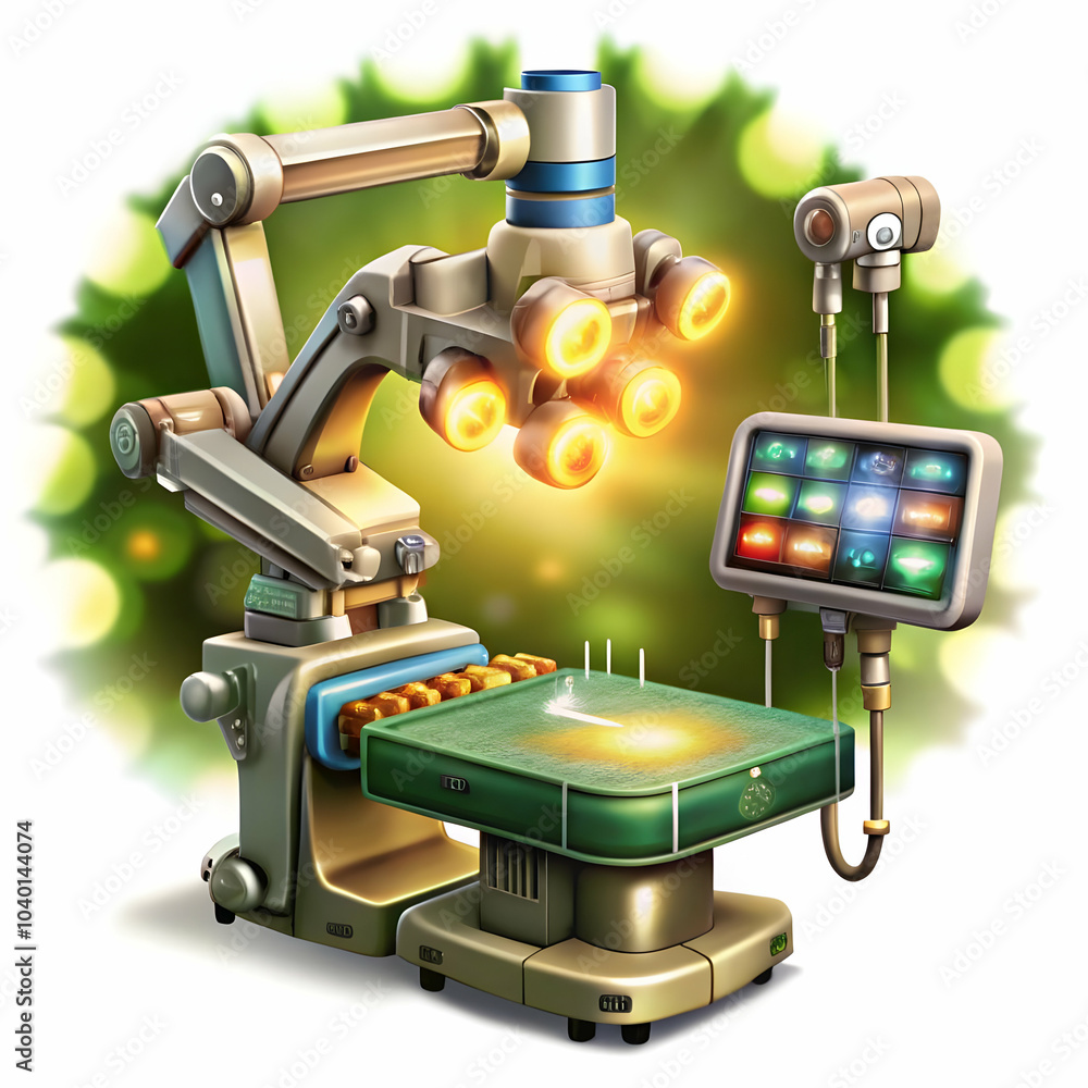 Poster surgical robot assisting surgeons in operating room with bokeh lights soft abstract image concept ad