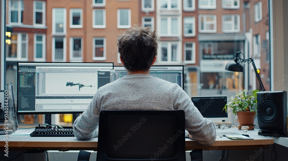 Poster professional sound studio with acoustics - sound engineer balancing dynamics and creativity in spaci