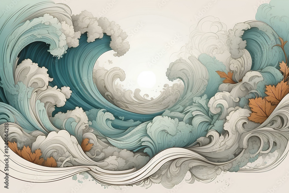 Poster artistic view of sea waves with calm colors and smooth curves
