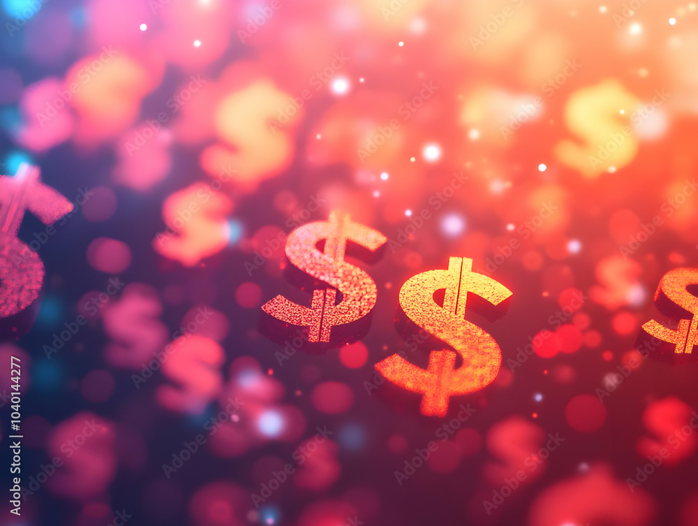 Poster flat abstract bokeh background with floating dollar signs - dynamic shot featuring holographic curre