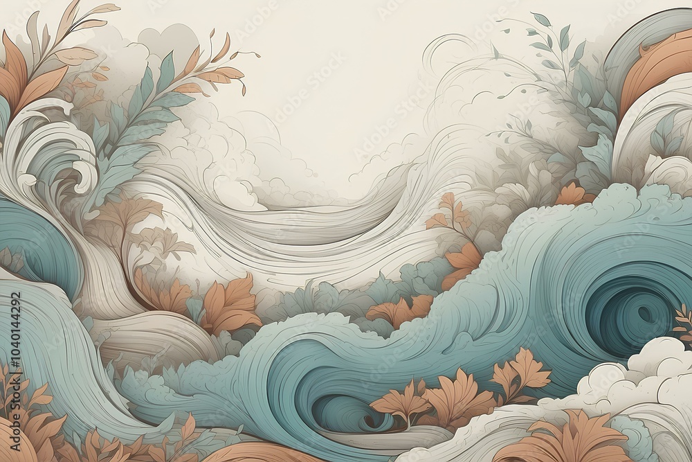 Poster soft, flowing clouds and waves with muted pastel colors, creating a tranquil and serene atmosphere i