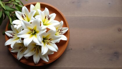 Fototapeta premium Elegant bouquet of lilies in a rustic bowl