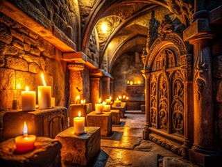 Obraz premium Mysterious Ancient Crypt with Eerie Carvings and Glowing Candles - Haunting Macro Photography