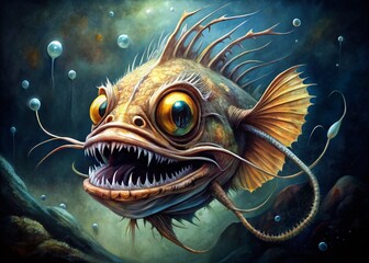 Mysterious Deep Sea Angler Fish Watercolor Art with Predatory Smile on Dark Background