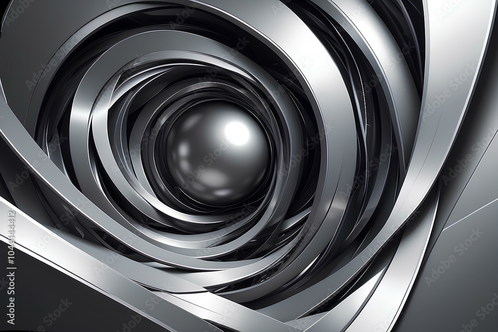 Poster abstract black and white swirling vortex with metallic reflections, creating a sense of depth and mo