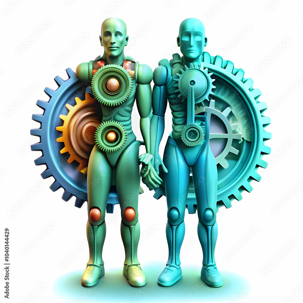 Poster interlocking gears human robotic collaboration image plain background seamless integration human mac