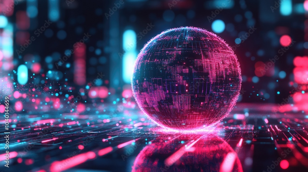 Aufkleber high-tech holographic sphere surrounded by glowing data points on a digital background