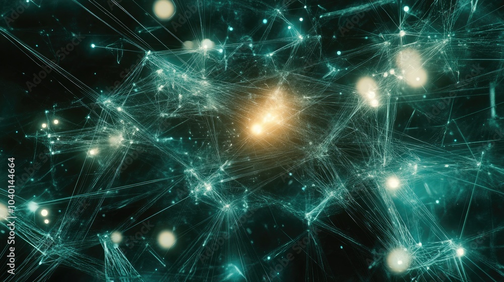 Poster high-tech interface with interconnected glowing nodes on an abstract digital backdrop