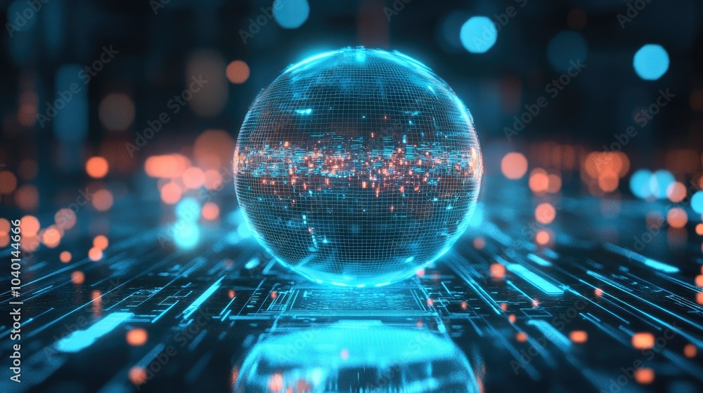 Poster high-tech holographic sphere surrounded by glowing data points on a digital background