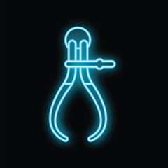 Blue neon icon of nail nippers glowing on black background