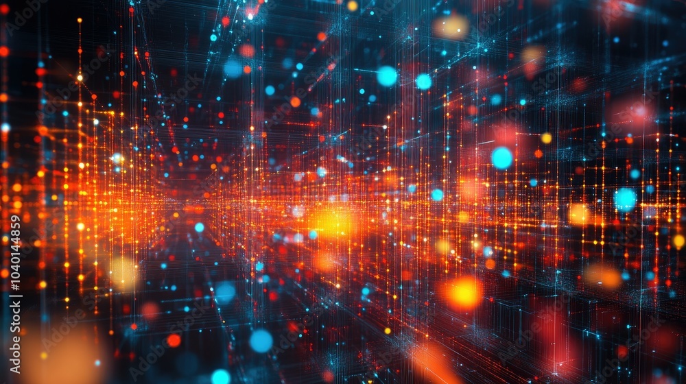 Poster High-tech matrix of glowing nodes and data streams for tech processing concepts