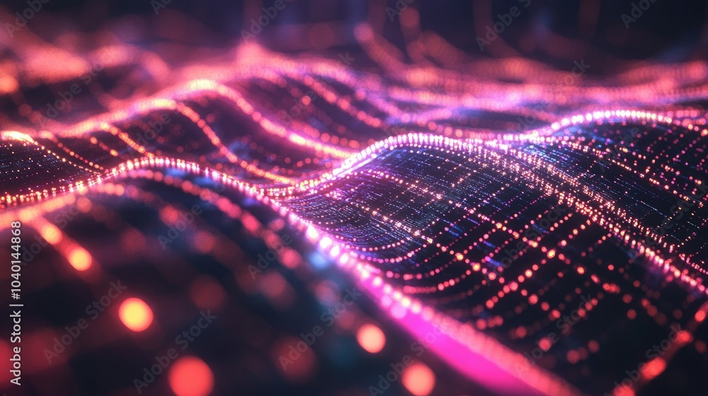 Poster High-tech matrix of glowing nodes and data streams for tech processing concepts