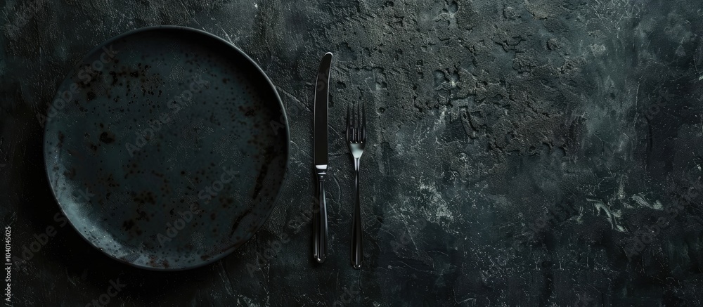 Poster dark textured concrete backdrop with an empty ceramic round plate and cutlery set for dinner with co