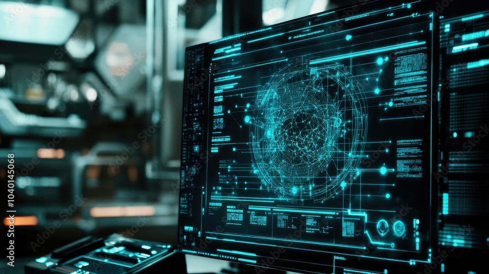 Poster holographic interface with interconnected digital points on a modern tech background