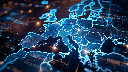 Fototapeta premium European continent map illuminated with glowing blue borders on circuit board background, representing digital transformation and technological connectivity across nations