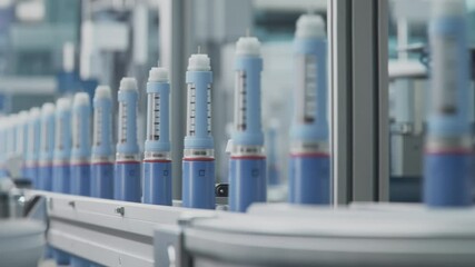 Close-up Weight Loss Medication on Conveyor Line during Production Process at Modern Pharmaceutical Factory. Insulin Injection Pens Manufacturing. Medicinal Drug Production Plant.