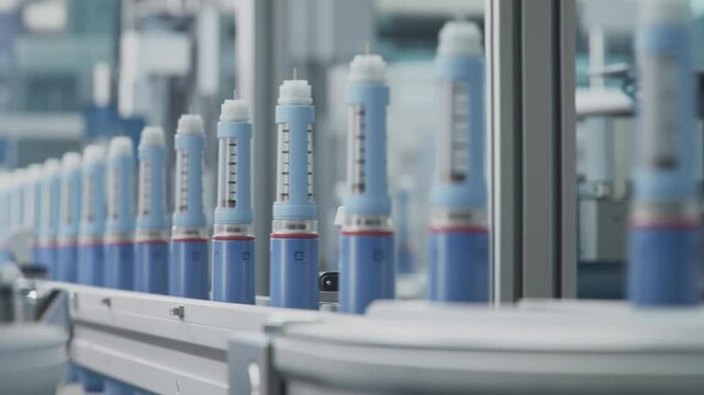 Close-up Weight Loss Medication on Conveyor Line during Production Process at Modern Pharmaceutical Factory. Insulin Injection Pens Manufacturing. Medicinal Drug Production Plant.