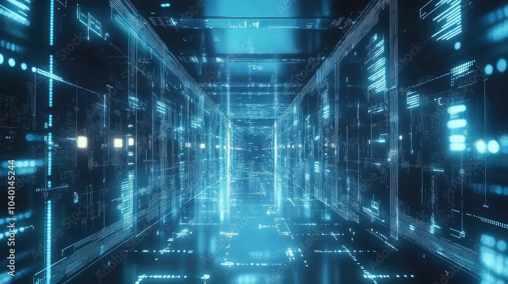 Poster holographic interface with interconnected digital points on a modern tech background