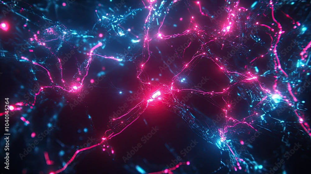 Poster interconnected neon light streams on a dark tech process background for futuristic visuals
