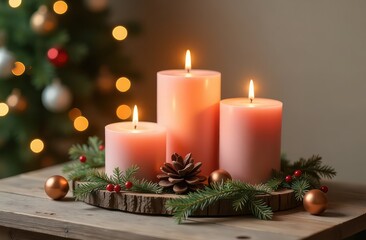 boho christmas advent decoration with candle and natural colors and free space left
