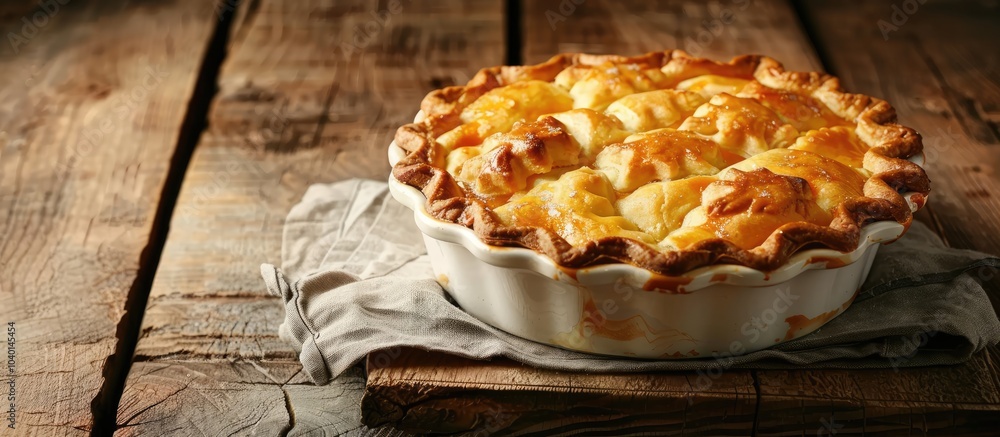 Poster apricot pie displayed in a baking dish on a rustic wooden table with ample copy space image