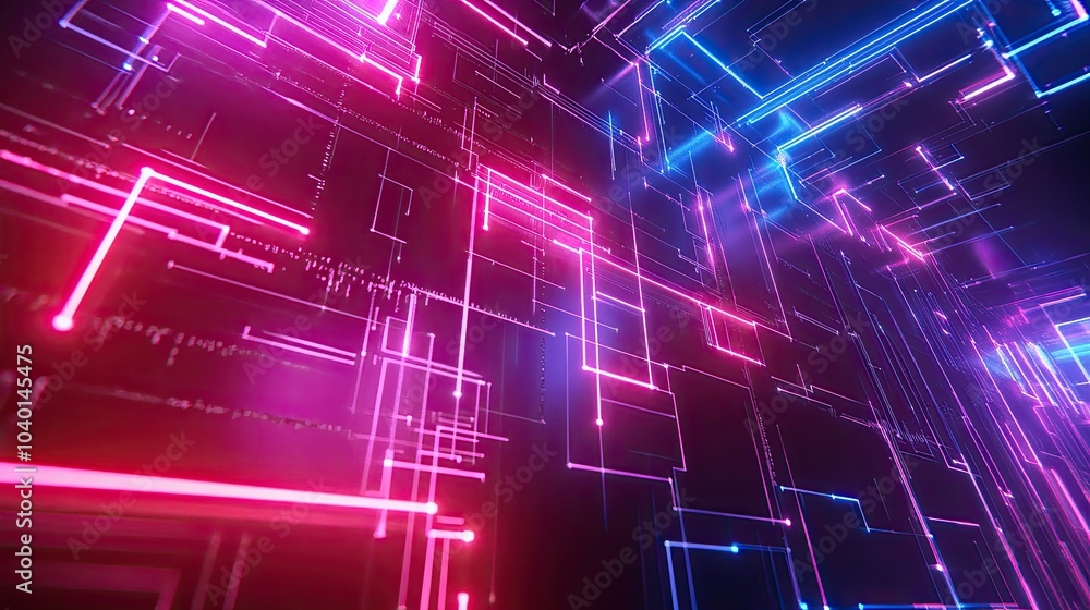 Poster interconnected neon light streams on a dark tech process background for futuristic visuals