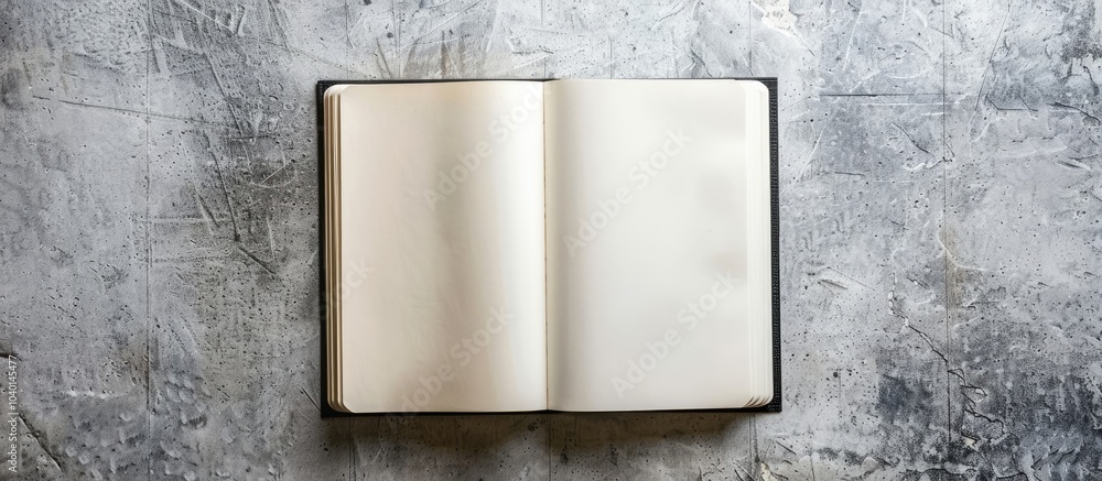 Poster top view of an open notebook on a grey textured surface perfect for design with copy space image