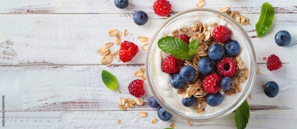 Poster granola with yogurt and berries on a wooden surface ideal for a text overlay in the copy space image
