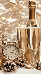 A snow-covered table showcases a champagne bottle and two glasses filled with sparkling wine, welcoming the New Year at midnight